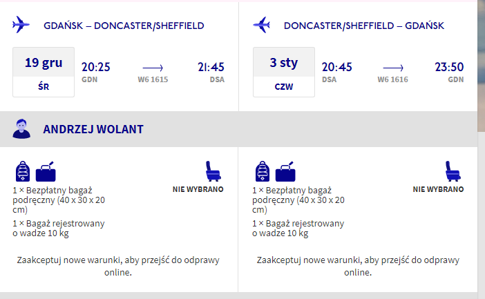 SPRZEDAM BILETY LOT WIZZ 3 GDANSK DONCASTER I POWR