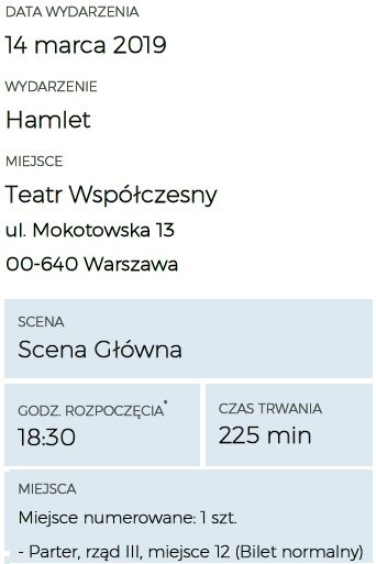 Hamlet, Teatr Współczeny, 1 szt., 14.03.2019