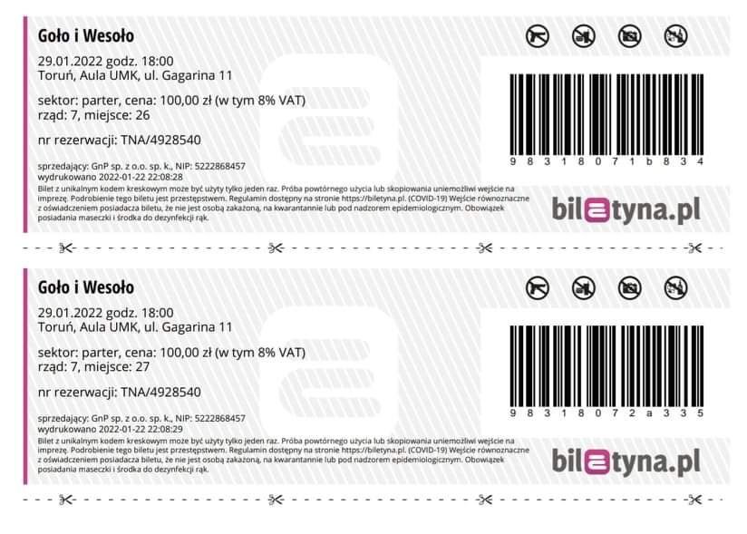 Odsprzedam 2 bilety na „Golo i wesolo” 29.01.22.