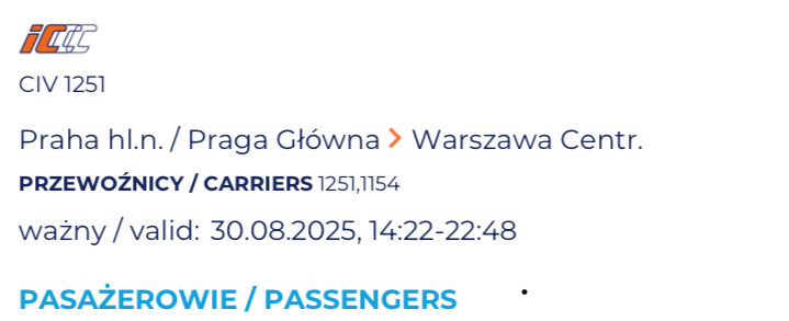Sprzedam bilet z Pragi do Warszawy 30/08/2025