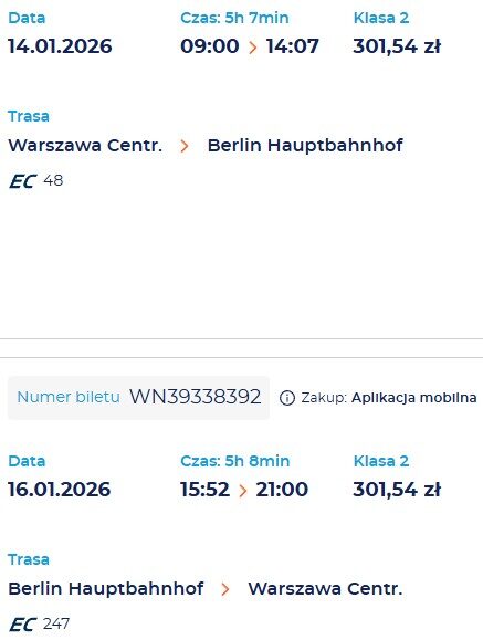 Sprzedam bilety 2os Warszawa-Berlin-Warszawa