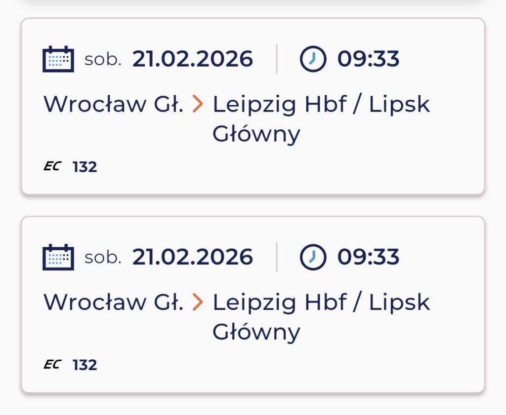Sprzedam 2 bilety z Wrocławia do Lipska 21.02 9:33