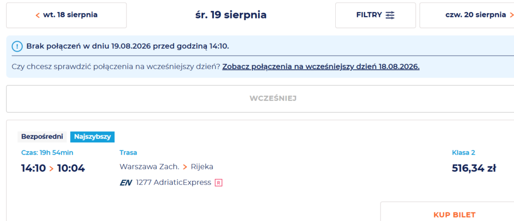 Chorwacja Rijeka bilet PKP dla 2 osób 19.08.2026